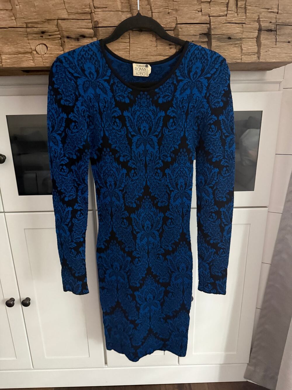 Torn by Ronny Kobo Blue Black Jacquard Bodycon Dress Cutout Sz 2 statement dress